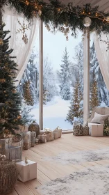 Snowy forest window view with serene Christmas interior decor.
