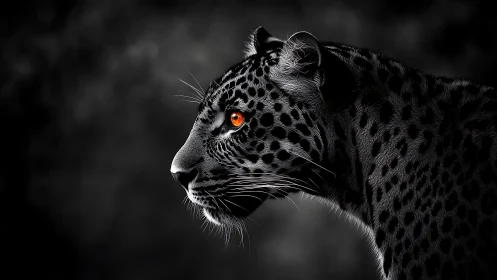 Leopard Profile with Amber Eyes in High Contrast Monochrome.