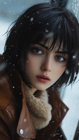 Winter portrait of short-haired woman in brown shearling coat