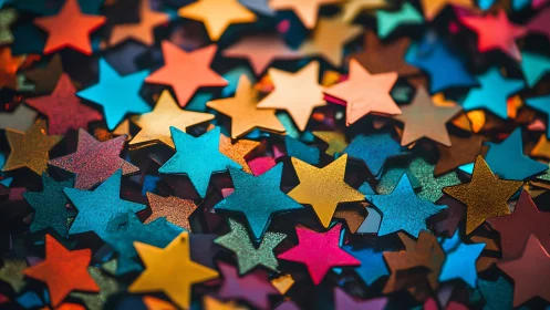 Colorful metallic star confetti fills shallow depth macro frame