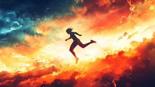 Silhouette runner leaping through blazing sunset clouds.