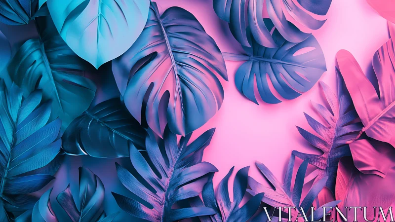 Neon blue and pink tropical leaves on soft pastel background.