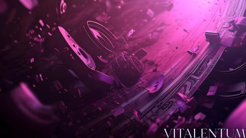 Abstract digital vortex in vivid pink with shattered geometric forms.