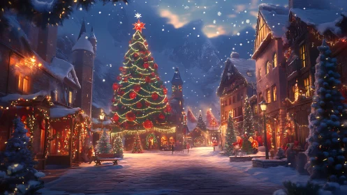 Snow-laden medieval plaza with illuminated Christmas tree centerpiece.