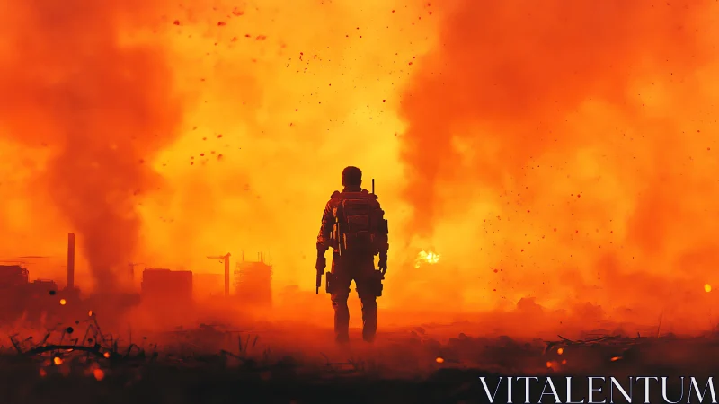 Solitary figure stands silhouetted against orange atmospheric haze.