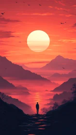 Solitary wanderer greeting a serene crimson sunset horizon.