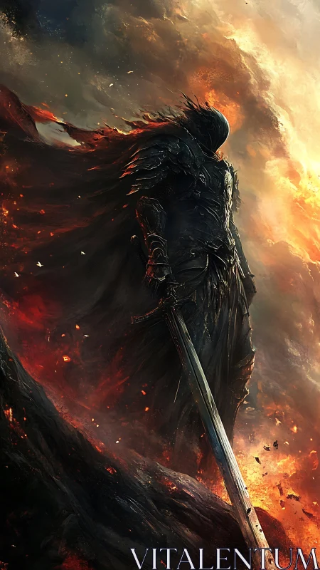 Dark armored knight commands blazing volcanic battlefield.