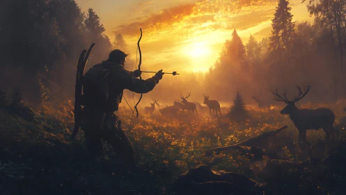 Bow hunter stalks deer herd in glowing sunset forest scene.