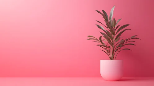 Minimalist potted plant on monochrome pink backdrop.