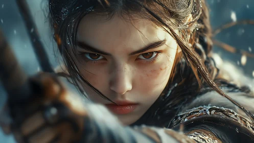 Archer’s glacial gaze in hyper-detailed digital portrait.