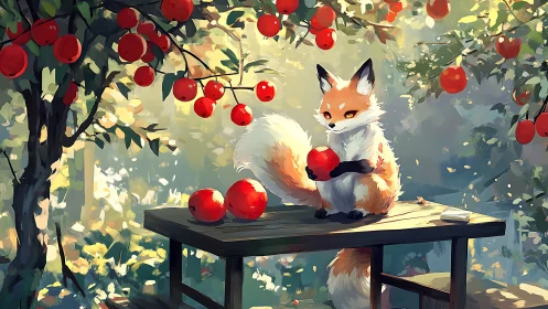 Curious fox studies a bright red apple in a sunlit orchard.