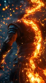 Flaming warrior strides through embers in molten twilight