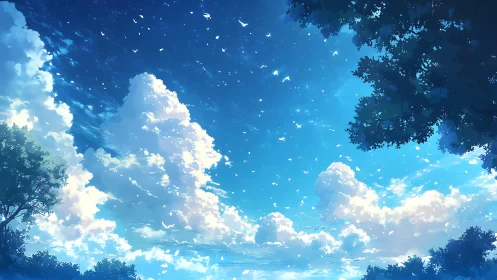 Deep cerulean sky with drifting clouds and tree silhouettes.