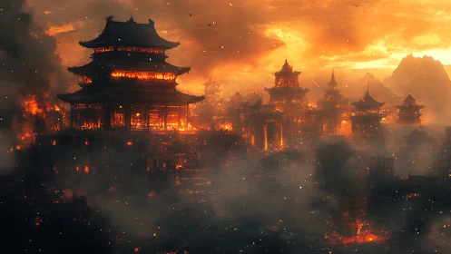 Ember-lit ancient city glowing beneath a storm of smoke.