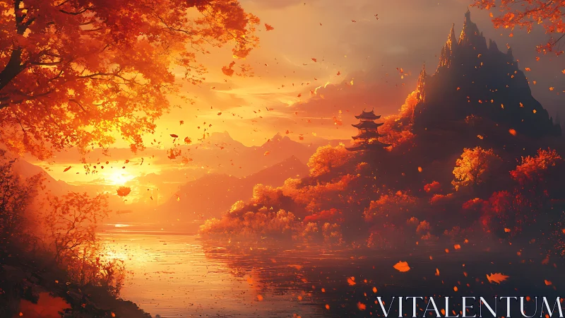 Golden autumn lake and pagoda glow under fiery sunset sky.