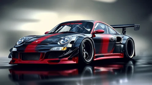 Rendered racing coupe is positioned on reflective wet surface