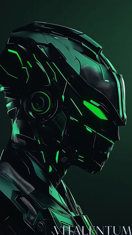 Futuristic black android profile with neon green accents.