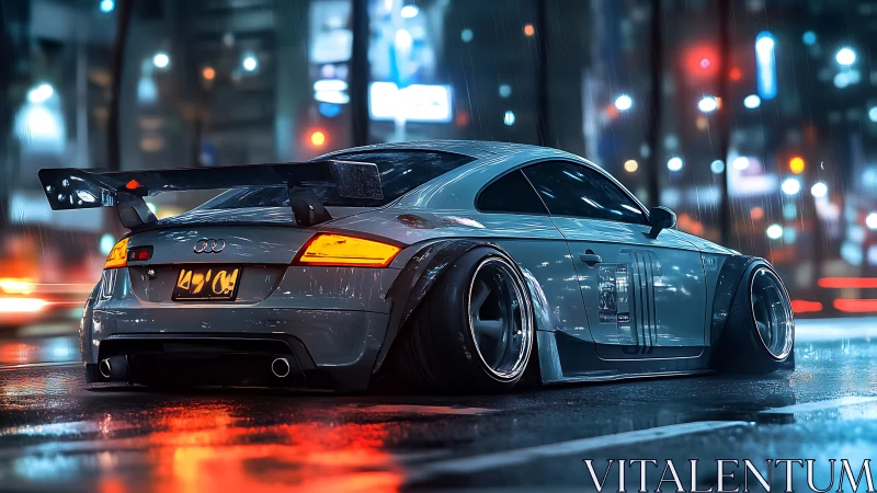Widebody sports coupe glides through neon-lit rainy city street