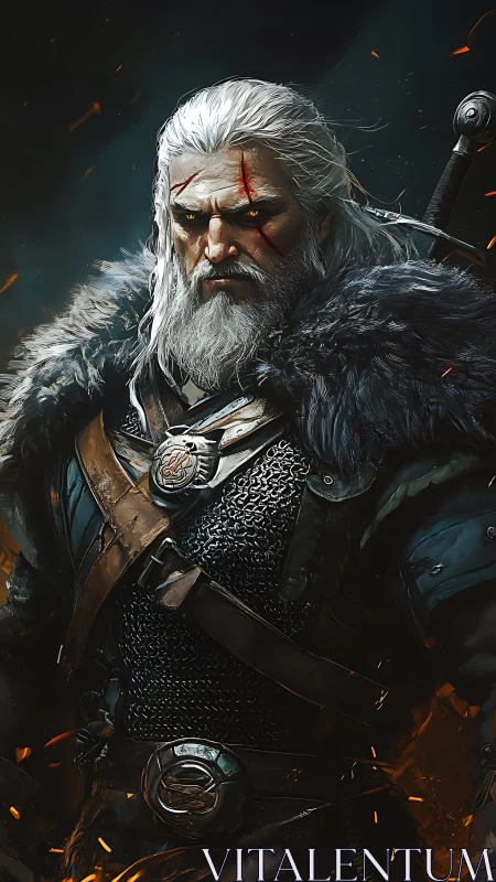 Stoic silver haired warrior standing in glowing embers.