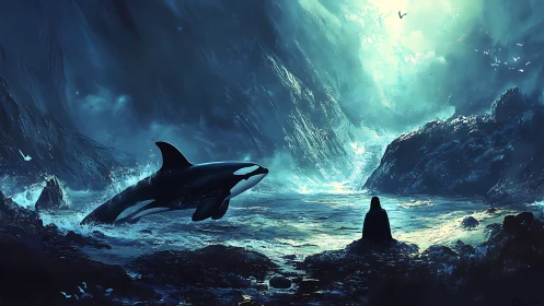 Solitary figure watching orca in stormy teal seascape.