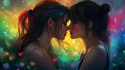 Two figures share intimate moment bathed in vibrant rainbow light.