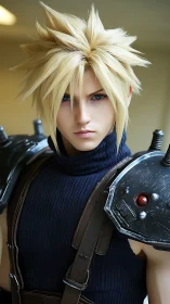 Spiky-haired warrior stares ahead in cool battle armor