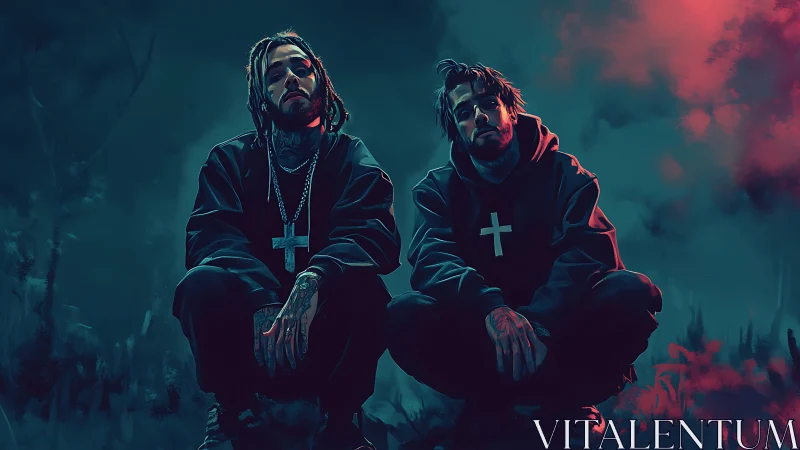 Two hooded men with crosses in moody neon landscape.