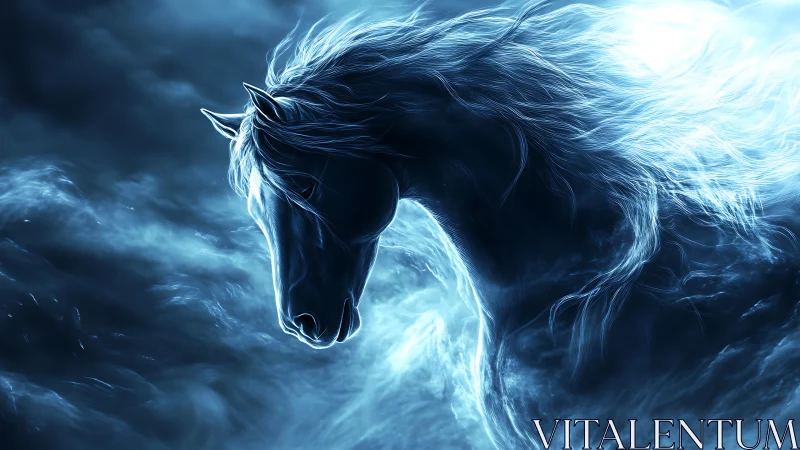 Ethereal blue horse head emerging from swirling light.