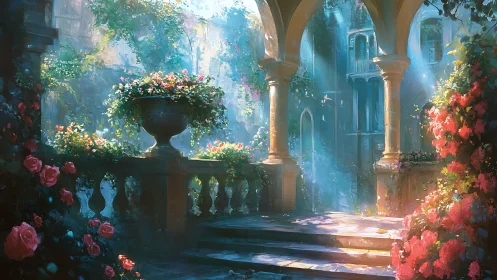 Sunlit rose-covered courtyard under classical stone arches