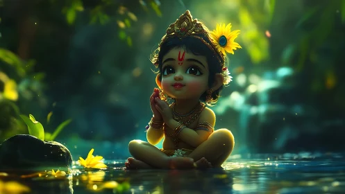 Divine child deity sits in glowing forest stream light.