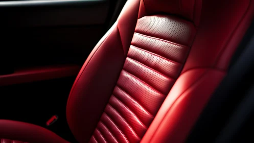 Red perforated leather car seat in close interior view.
