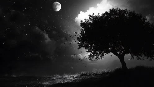 Luminous moonlit nightscape with silhouetted oak and distant flock