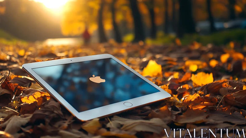 White iPad Resting Among Autumn Leaves in Golden Hour.