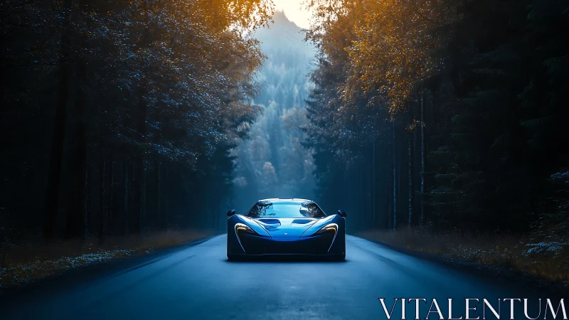 Blue sports car on forest road under cool warm light contrast.
