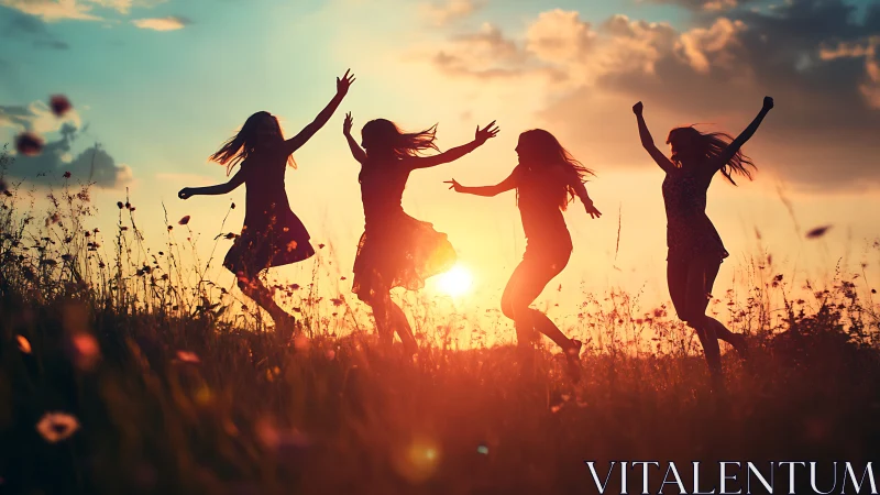 Silhouetted friends dancing in a field at sunset, vibrant and joyful.