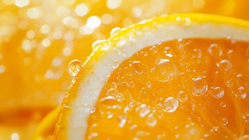 Macro citrus slice with glistening droplets in warm bokeh field.