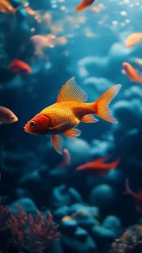 High-contrast orange goldfish in blue bokeh lit reef environment