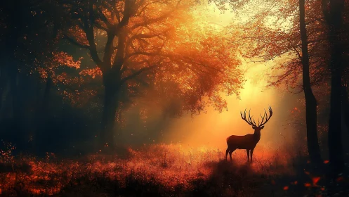 Majestic Deer in Glowing Autumn Forest at Sunrise, Digital Art.