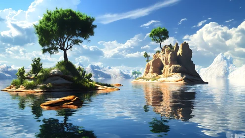 Serene Island Sanctuary Beneath Alpine Mountains and Blue Sky