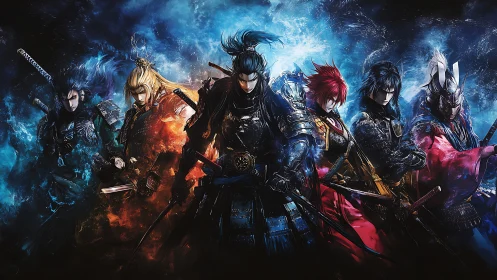 Elemental samurai warriors aligned in dynamic battle stances.