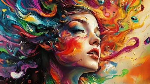 Profile portrait with swirling multicolored abstract strokes.