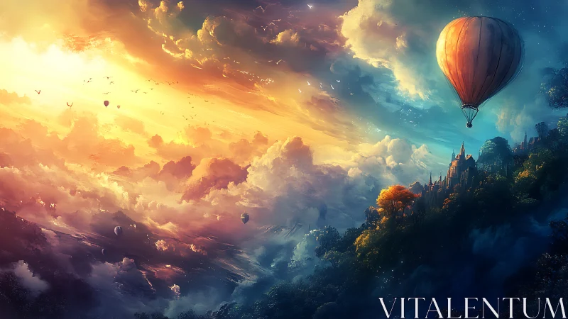 Hot air balloon over fantasy castle and glowing sky.