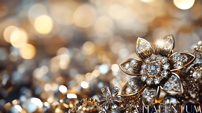 Macro close-up of gold floral diamond jewelry bokeh background