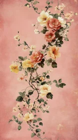 Romantic climbing blossoms trail across soft pink canvas.