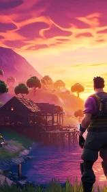 Sunset lookout over a peaceful lakeside cabin retreat.