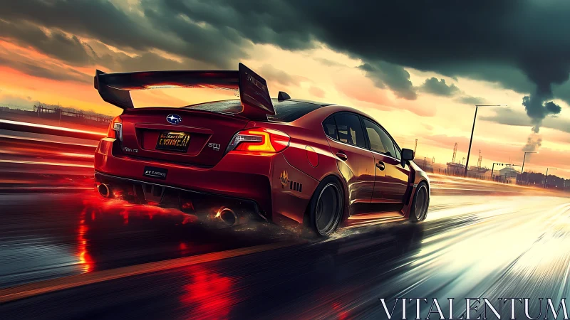 Red tuned Subaru WRX STI racing on wet neon highway.