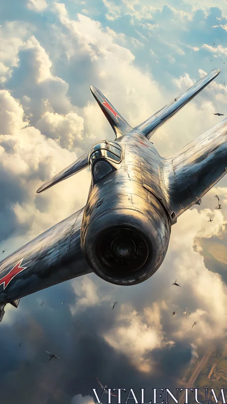 Photorealistic warplane ascent within dynamic cloud column.