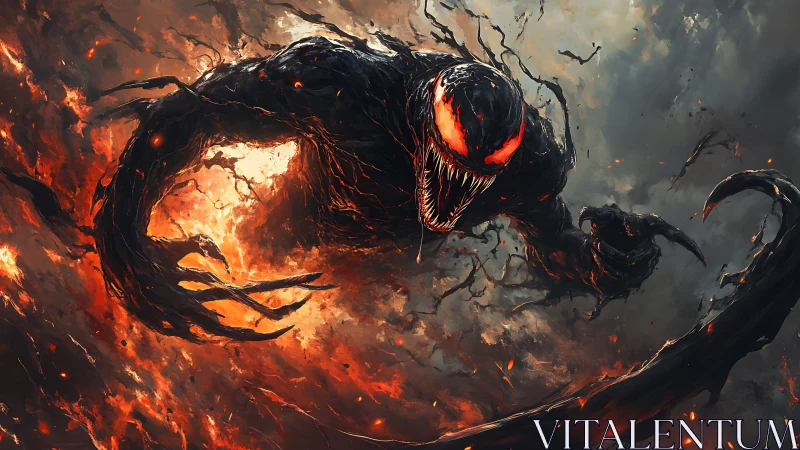 Volcanic symbiote titan emerging from incandescent stormfield.