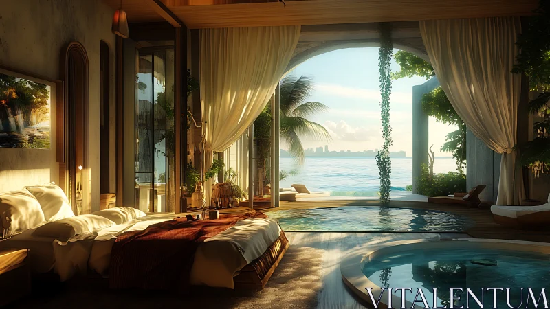 Sunlit coastal bedroom opens onto tranquil pool retreat