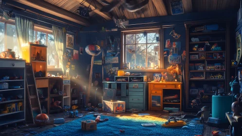 High-detail digital study of cluttered nostalgic playroom interior.